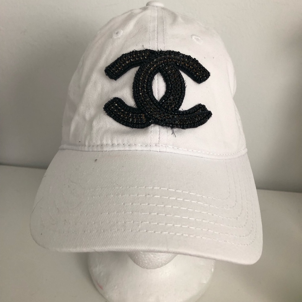 White Baseball Cap with Black Beaded Logo - Designer Style